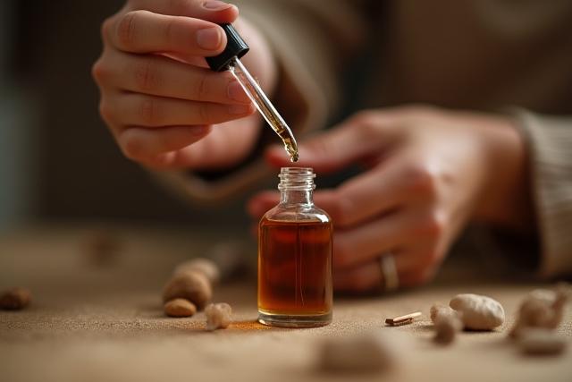 A close-up shot of hands carefully filling small perfume bottles with a dropper, highlighting the handcrafted aspect of the process.