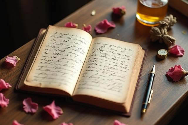 An artfully arranged desk scene with a notepad, pen, a small perfume bottle, and scattered dried flowers, indicating creative process.