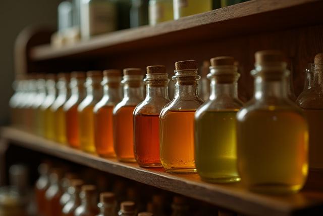 A detailed view of a perfumer's organ workstation, showcasing numerous small amber bottles of essential oils and botanical absolutes, meticulously arranged.