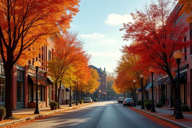 An autumnal scenic view of historic downtown Winchester, VA, with charming brick buildings and mature trees, reflecting the brand's local roots.