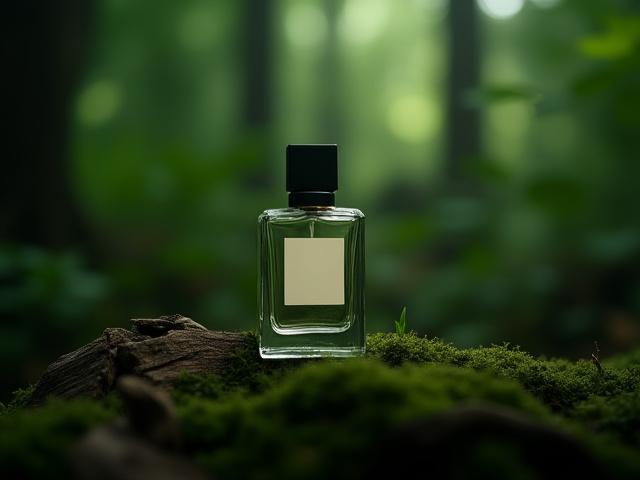 Minimalist perfume bottle against a backdrop of dark green forest foliage and moss, evoking a deep, earthy scent with notes of cedar and oakmoss.