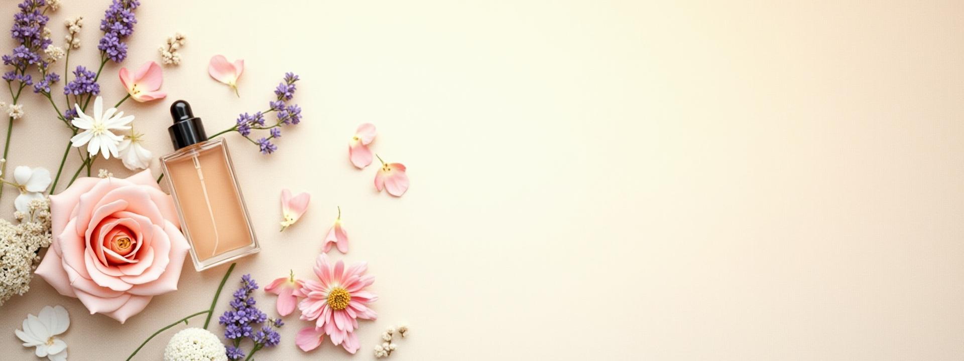 An arrangement of various fresh botanicals like lavender, rose petals, jasmine, and delicate perfume bottles, artfully composed on a rustic wooden surface with soft, diffused light.