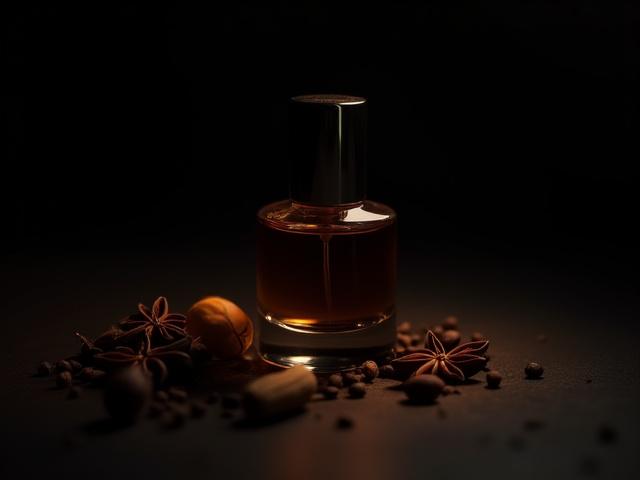 Perfume bottle amidst an array of exotic spices like cardamom and star anise under dim, mystical lighting, hinting at a warm, spicy, and enigmatic fragrance.