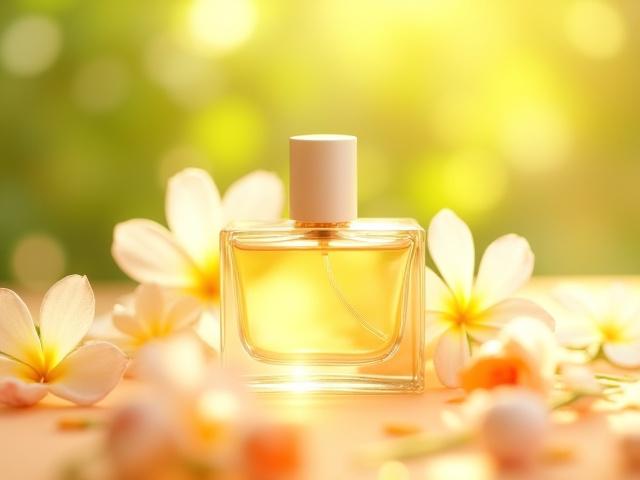 Perfume bottle surrounded by vibrant, sun-drenched summer flowers like jasmine and orange blossom, suggesting a bright and floral aroma.