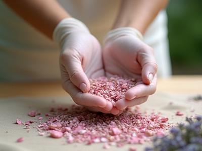 Hands carefully inspecting ethically sourced fresh botanicals, such as rose petals and delicate herbs, against a soft, natural background.