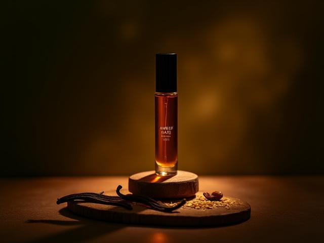 Amber Haze perfume oil rollerball, surrounded by warm, earthy tones.