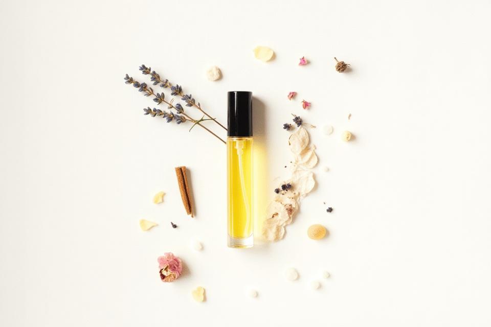 An artfully arranged flat-lay featuring an essential oil perfume rollerball, surrounded by various botanicals, essential oil bottles, and organic carrier oils in glass vials.