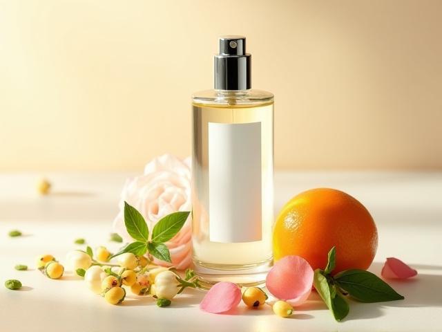 Delicate glass bottle of botanical perfume surrounded by fresh herbs and flowers