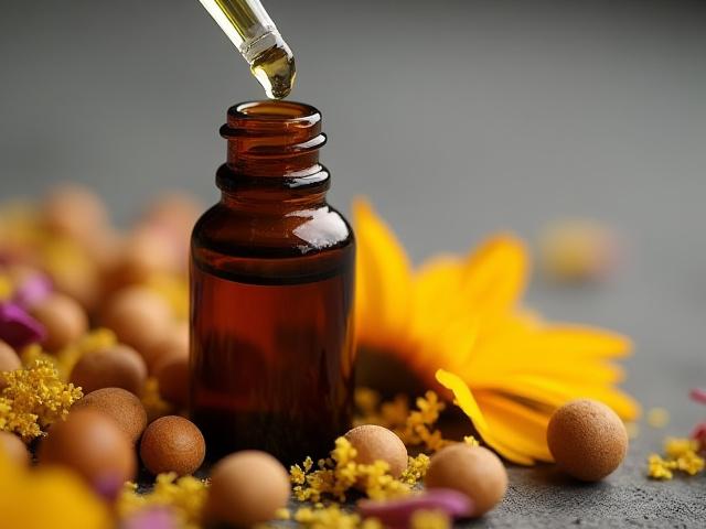 Small amber essential oil bottle with a dropper and scattered dried petals