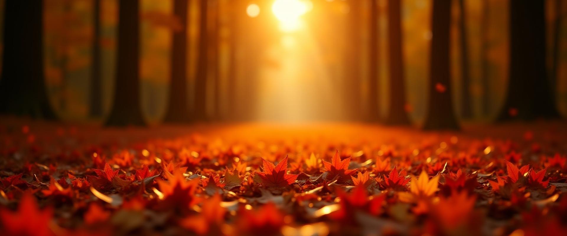 Golden and russet autumn leaves on forest floor, illuminated by soft sunlight, hinting at warm, spicy fragrances.