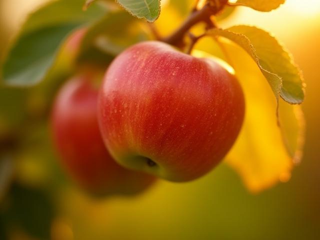 Close-up of ripe, red apples hanging on branches in a sunlit orchard, with blurred autumnal background.