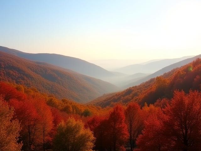 Panoramic view of Shenandoah Valley in peak autumn colors: vibrant reds, oranges, and yellows covering rolling hills under a soft blue sky.