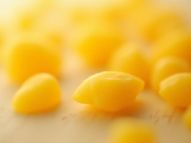 Close-up of golden organic beeswax pellets against a textured background.