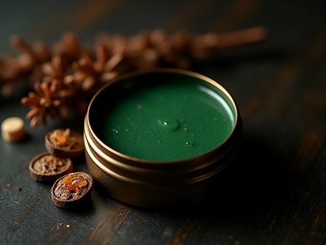 Open ornate tin of solid perfume 'Forest Sanctuary', showing deep green wax with small botanical inclusions.