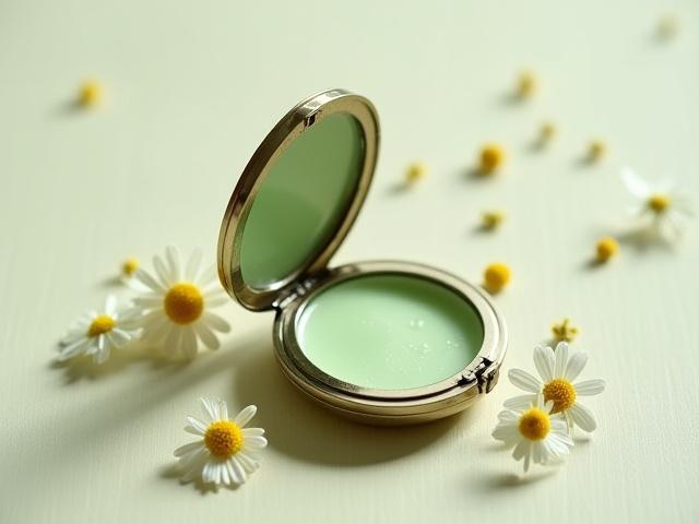 Open locket of solid perfume 'Meadow Walk', showing light green wax with a subtle texture.